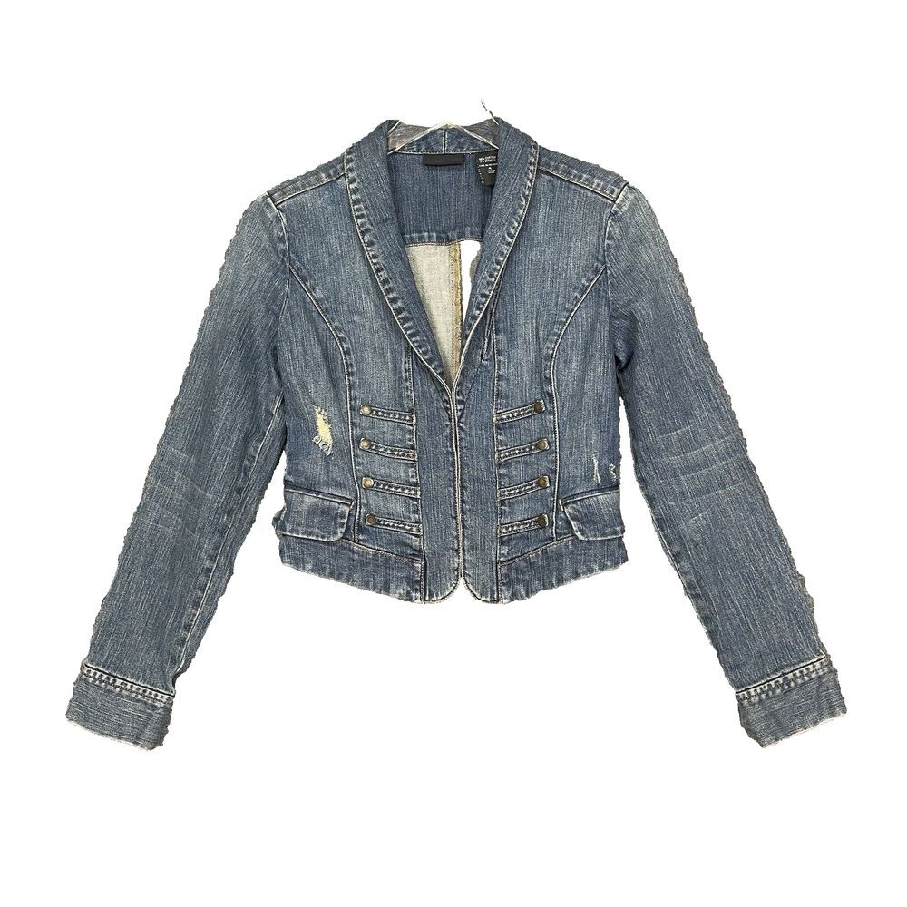 New York And Company Jacket Womens 4 Blue Jeans Denim Distressed Blazer Boho